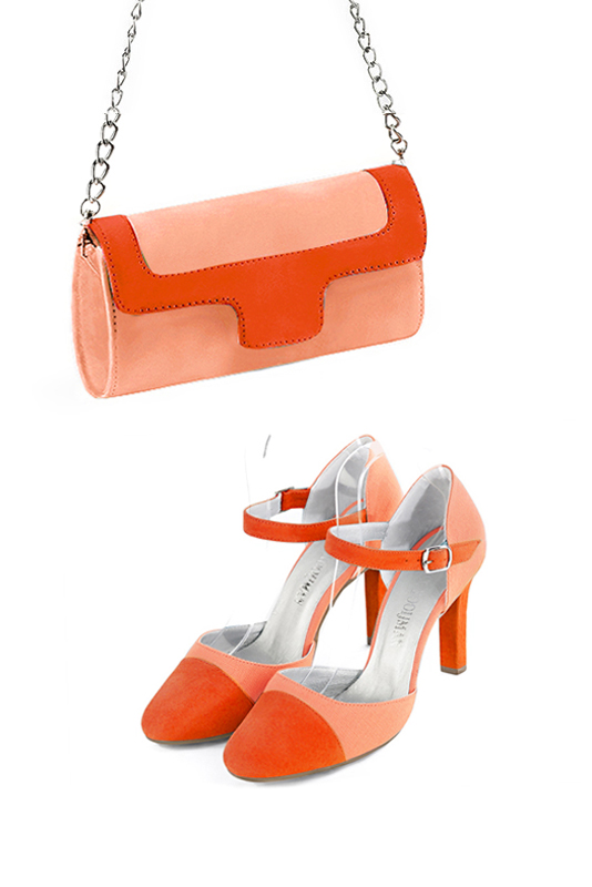 Women's peach and clementine orange luxurious elegant clutch for ceremonies, weddings and evenings out. - Worn view
